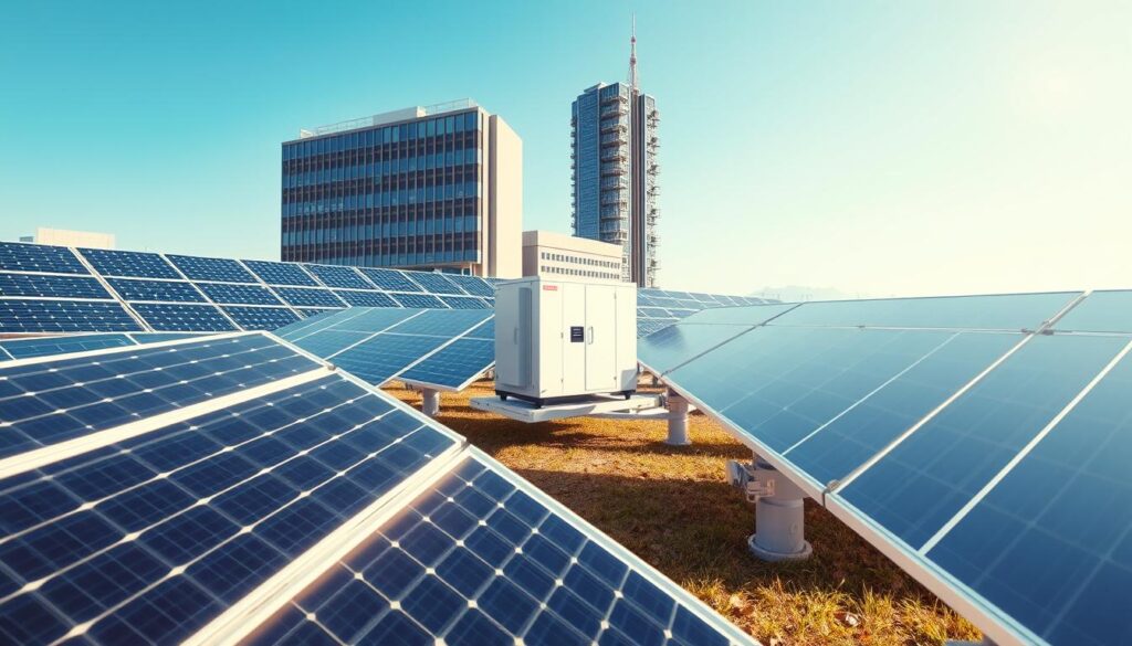 A futuristic scene of a modern solar power plant in 2025. The foreground features sleek, high-efficiency solar panels arranged in neat, organized rows, their glossy surfaces reflecting the bright sunlight. The middle ground showcases a cutting-edge inverter and battery storage system, blending seamlessly with the surrounding architecture. In the background, a towering office building or industrial facility stands, its facade partially covered in additional solar panels, demonstrating the integration of renewable energy into the built environment. The lighting is crisp and natural, accentuating the clean, technological aesthetic. The composition emphasizes the scale, efficiency, and architectural integration of this advanced solar power solution, capturing the essence of the 2025 solar energy landscape for businesses.