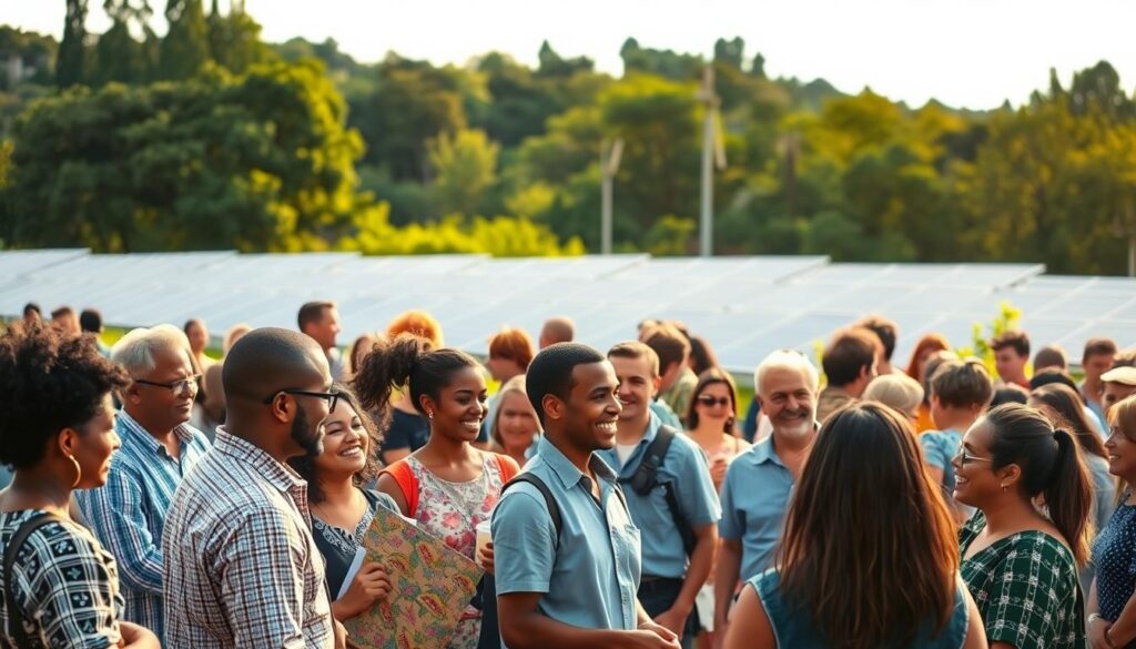 A vibrant community gathering in a verdant public space, showcasing the social benefits of solar energy adoption. In the foreground, a diverse group of people converse, laugh, and interact animatedly, their faces lit by the warm glow of the sun's rays. In the middle ground, rows of solar panels stand tall, powering the surrounding buildings and infrastructure. The background is a lush, green landscape, with trees and foliage creating a serene, sustainable atmosphere. The lighting is soft and natural, highlighting the harmony between the human elements and the renewable energy technology. The overall scene conveys a sense of progress, innovation, and a brighter, eco-friendly future.